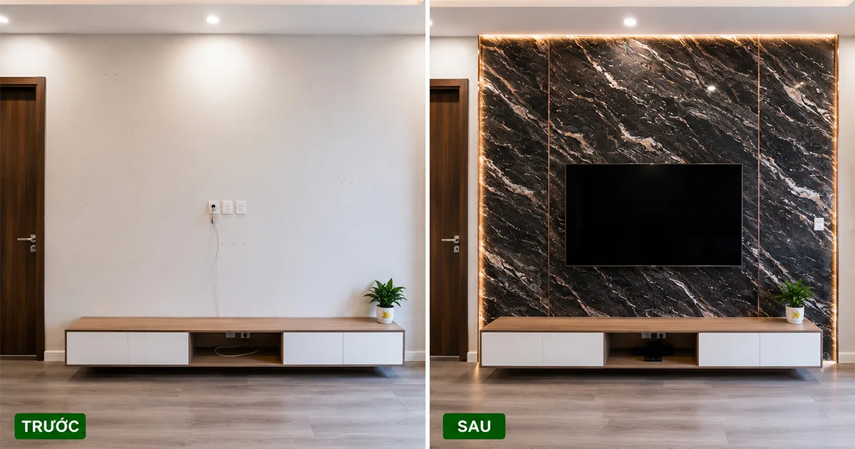 Mảng tường sau TV tự ốp tấm than tre