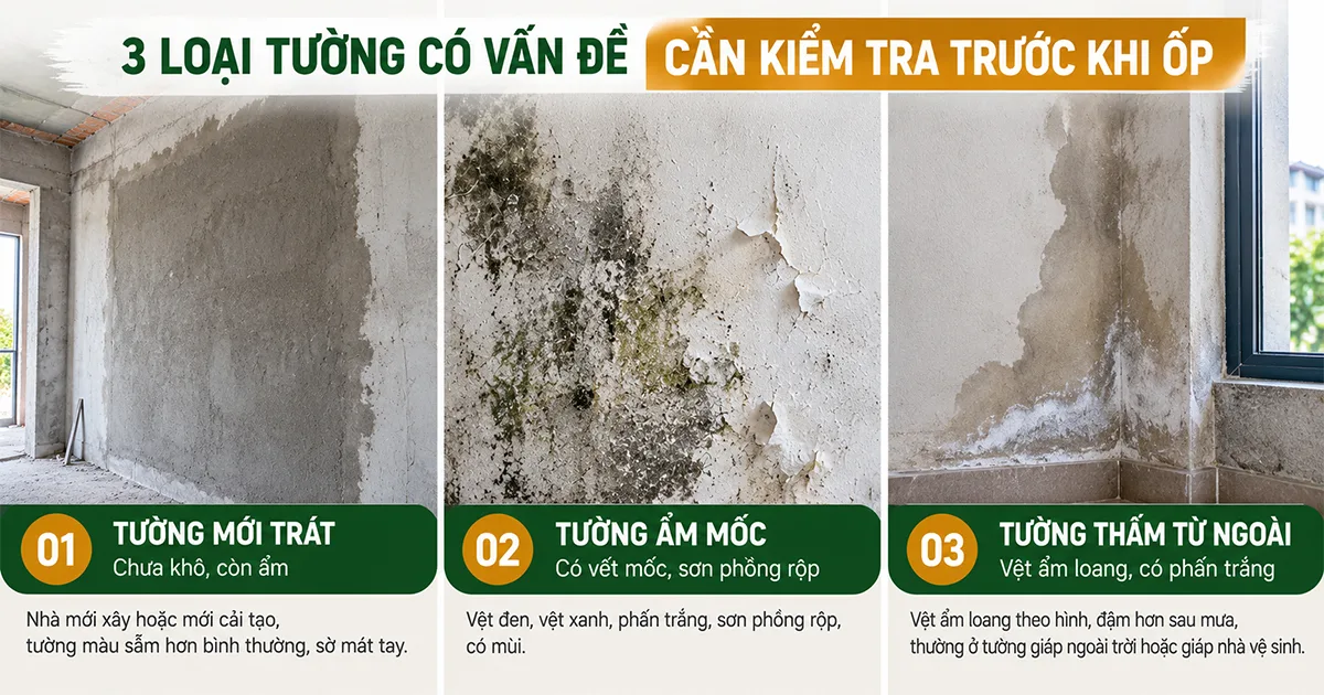 Tường ẩm, tường mới trát: xử lý thế nào trước khi ốp tấm