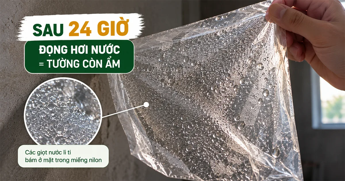 Tường còn ẩm: mặt trong miếng nilon đọng hơi nước sau 24 giờ