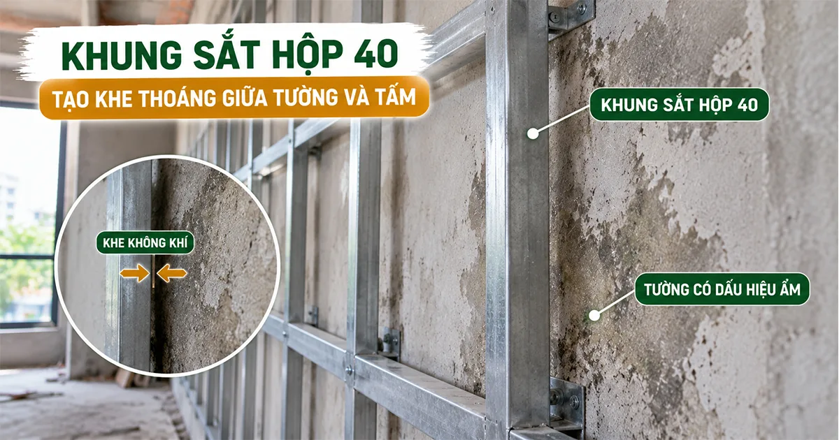 Khung sắt hộp 40 dùng cho tường ẩm hoặc tường không phẳng khi ốp tấm