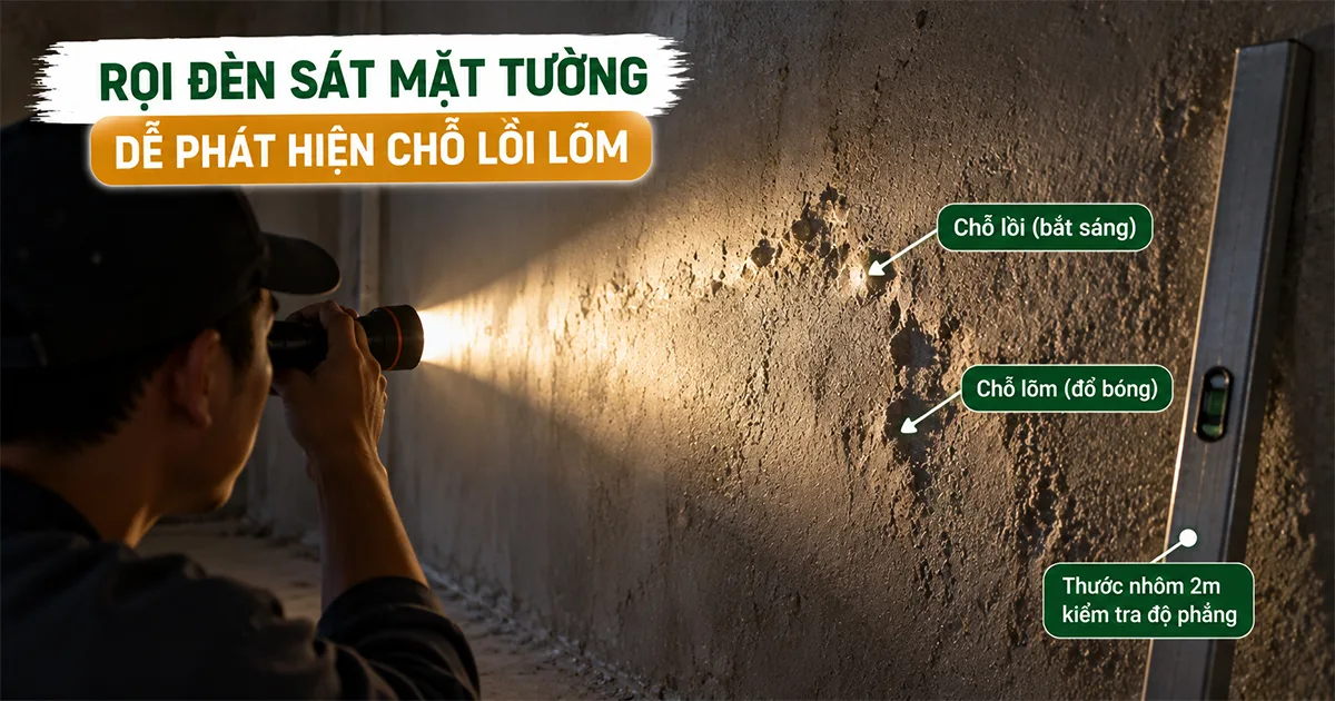 Cách kiểm tra độ phẳng tường bằng đèn pin trước khi ốp tấm