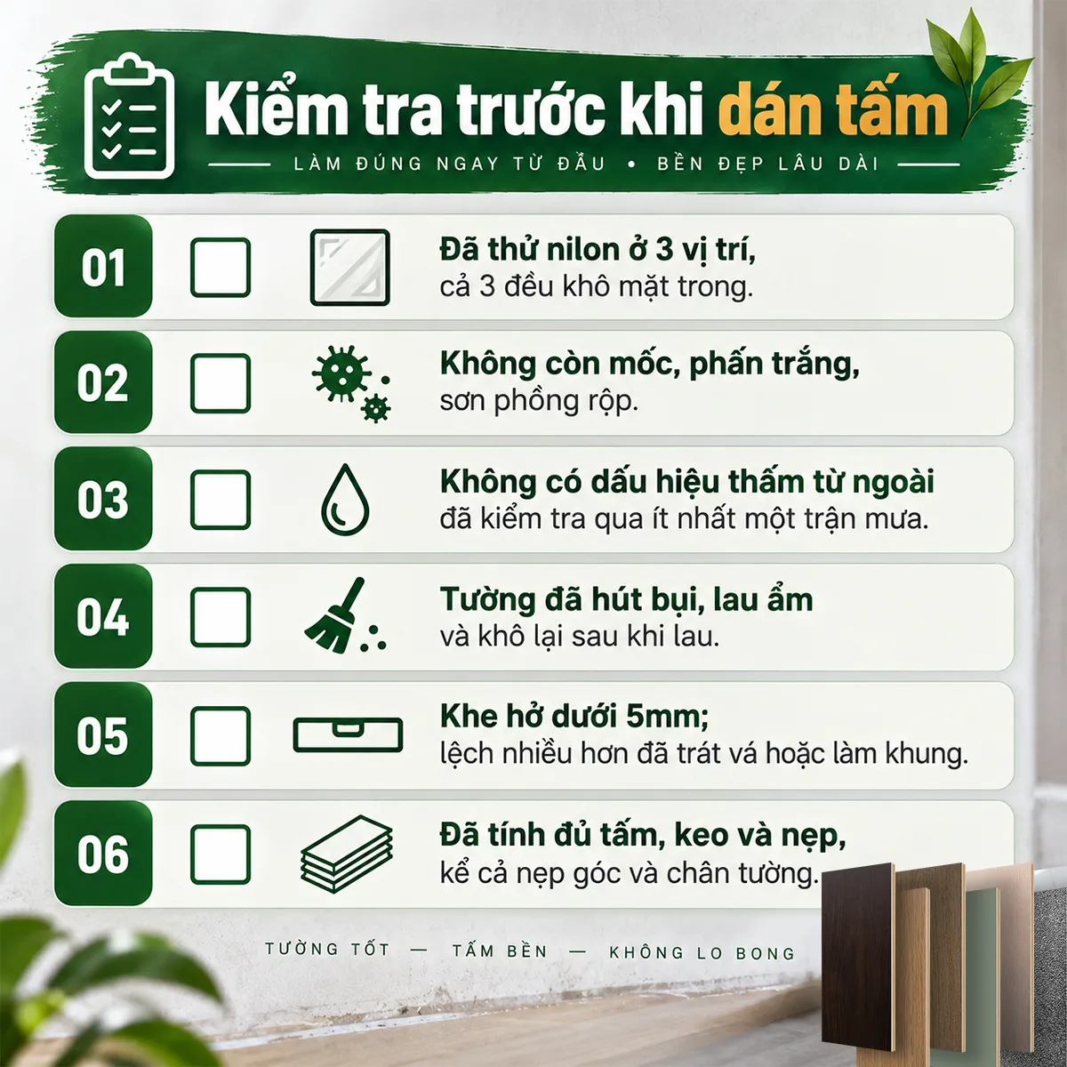 Checklist 6 bước kiểm tra tường trước khi dán tấm ốp than tre