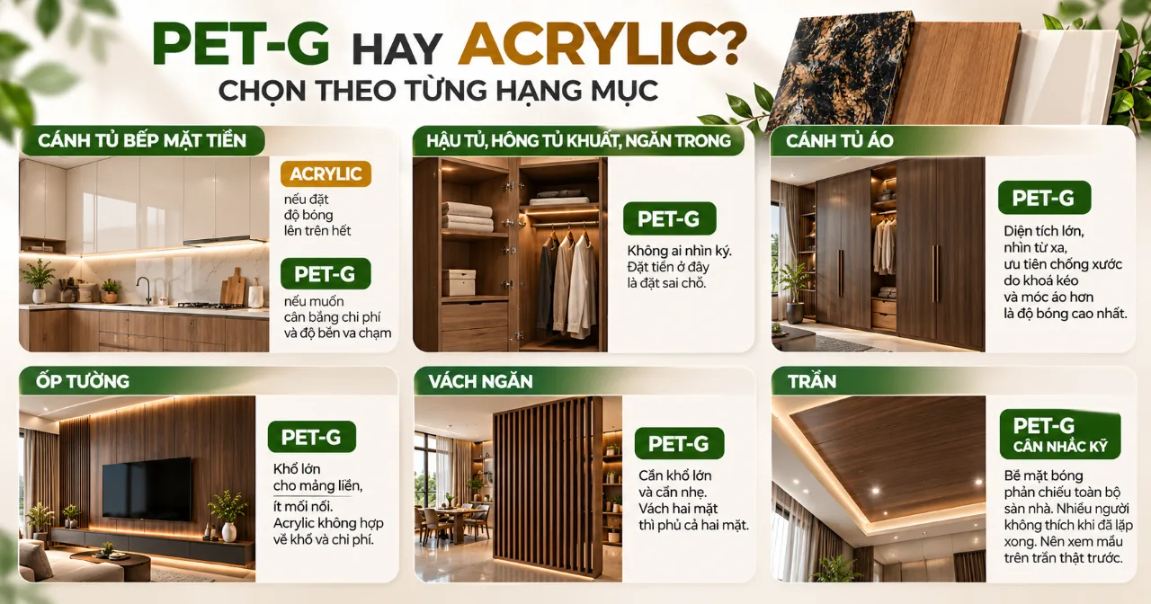 Bảng chọn vật liệu bề mặt bóng theo từng hạng mục nội thất