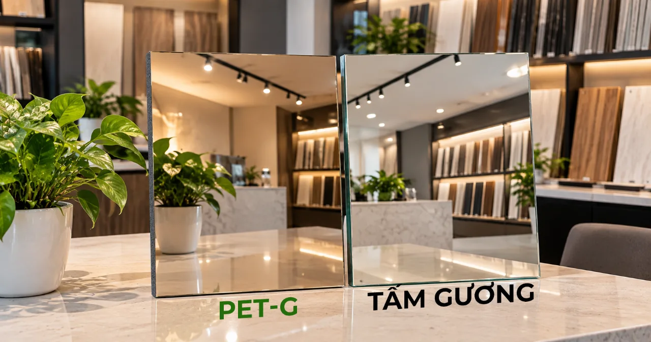 So sánh tấm tráng gương PET-G và gương kính