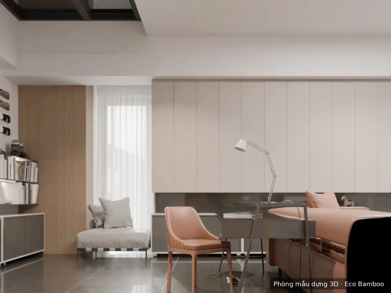 Căn hộ chung cư — dãy tủ phòng khách ốp đơn sắc EB58005, mảng tường cạnh cửa sổ ốp vân gỗ EB66010, không đục phá — phòng mẫu dựng 3D