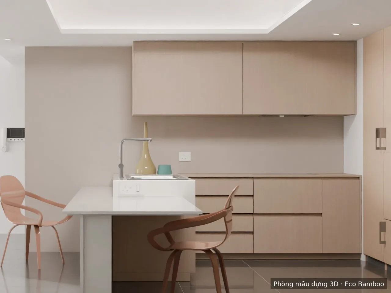 Bếp — mảng tường ngoài vùng bếp nấu ốp EB58005, tủ trên và tủ dưới ốp vân gỗ EB66013 — phòng mẫu dựng 3D