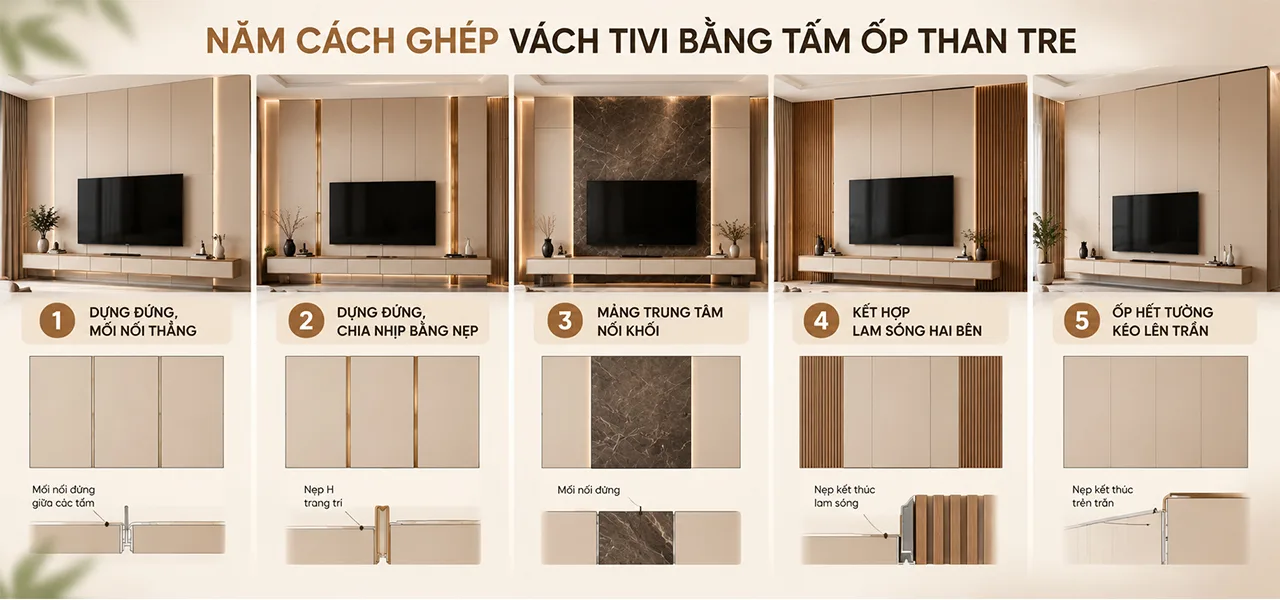 Năm cách ghép vách tivi vẽ dạng sơ đồ, thấy rõ vị trí mối nối và nẹp của từng cách