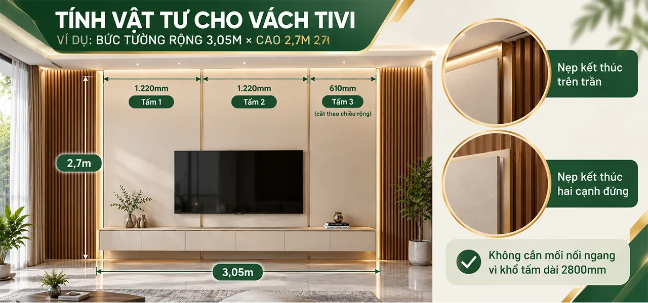 Sơ đồ tính số tấm cho bức tường rộng 3,05m cao 2,7m, thấy rõ ba tấm dựng đứng và vị trí nẹp