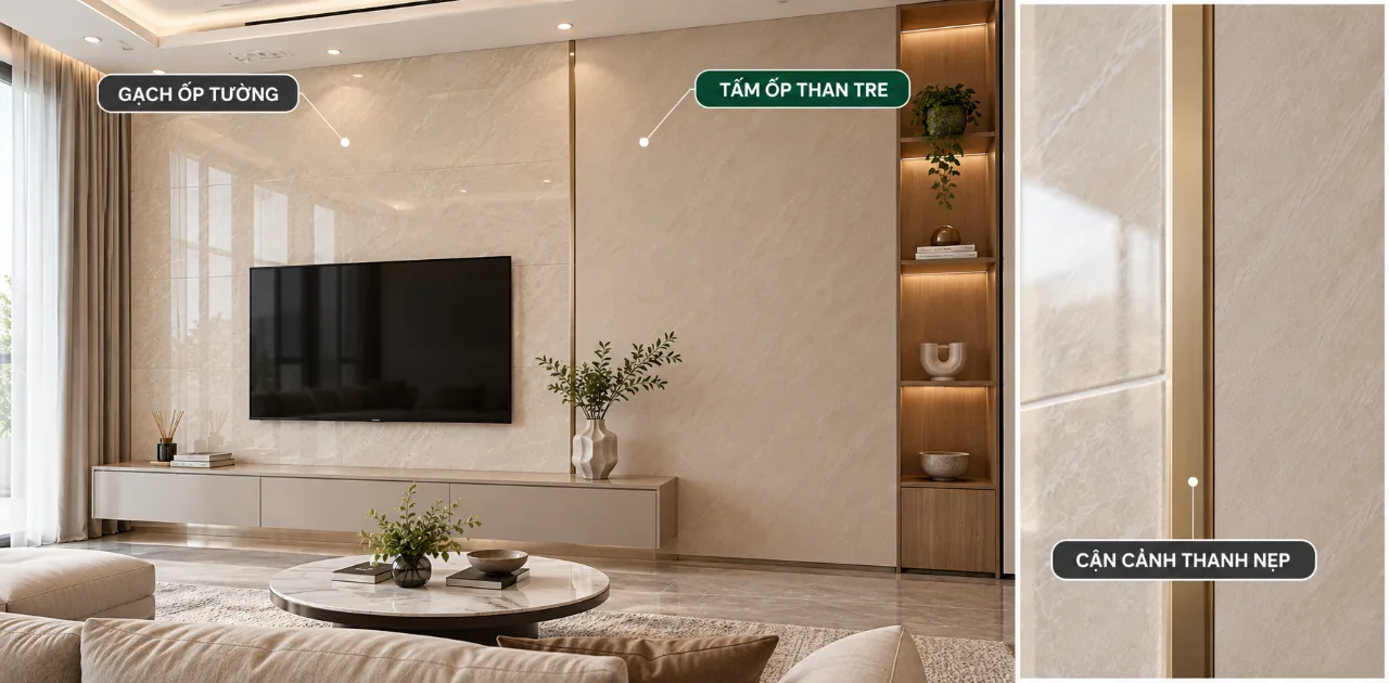 Phòng khách có hai vật liệu gặp nhau tại một thanh nẹp thẳng, thấy rõ ranh giới có chủ ý