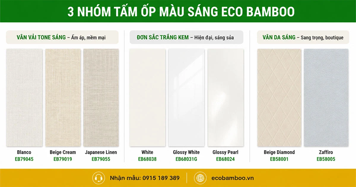 Ba nhóm tấm ốp màu sáng trong bảng mã Eco Bamboo