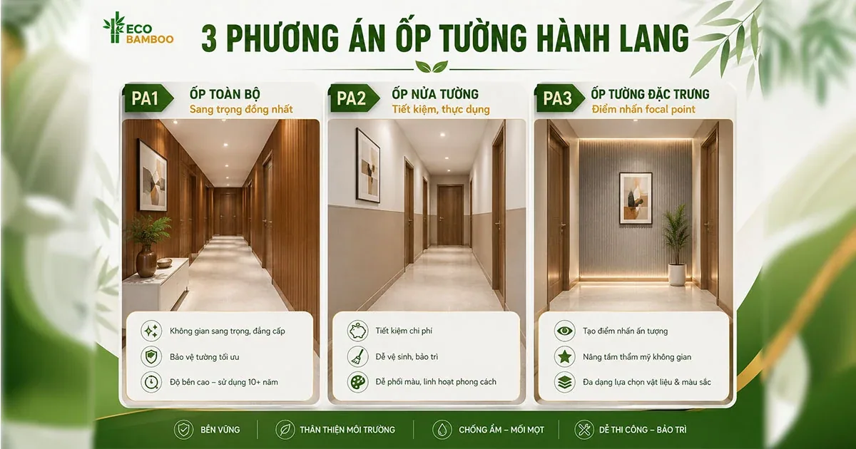Ba phương án chọn màu và vân tấm ốp cho hành lang cầu thang