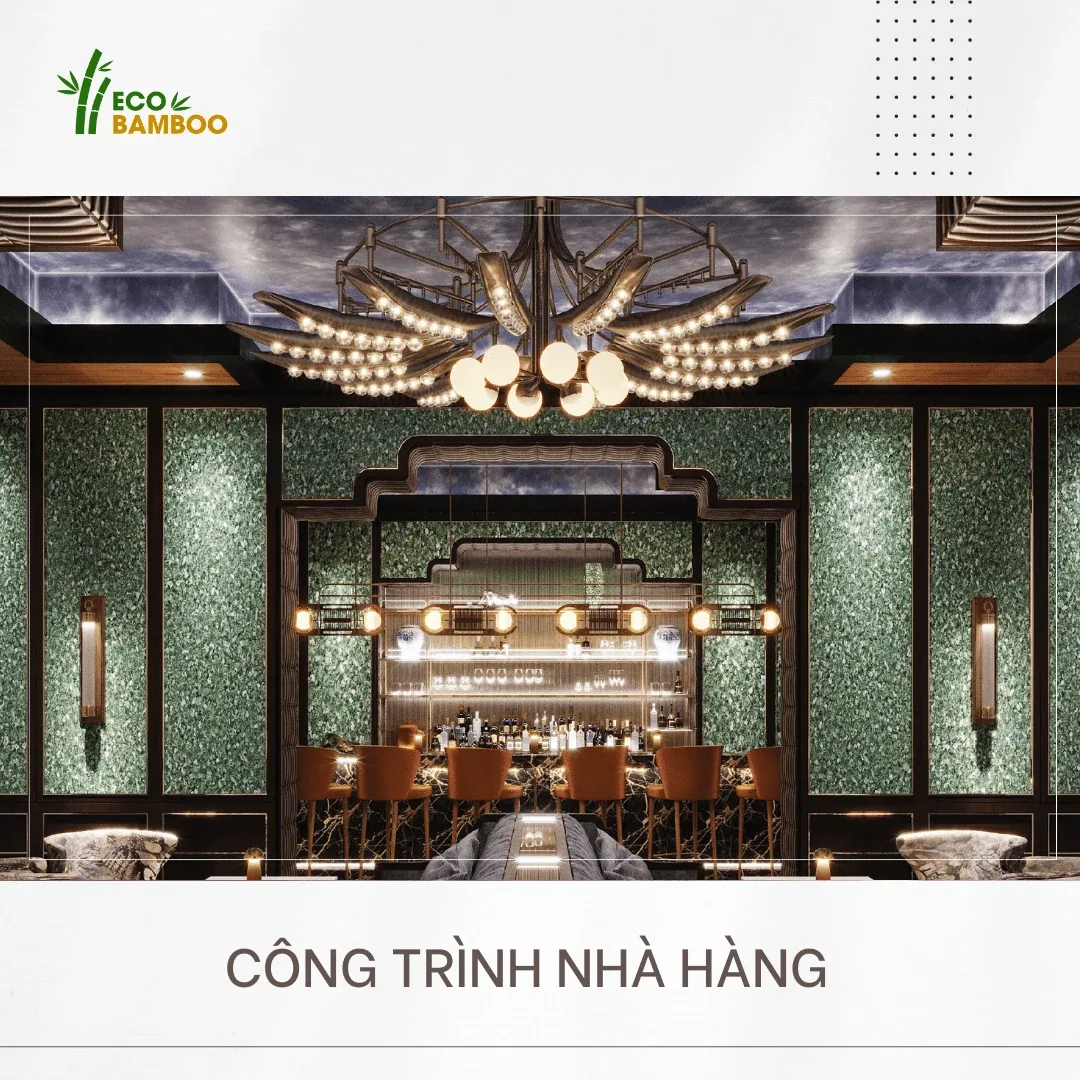 Không gian nhà hàng với tường vân đá xanh và quầy bar ốp vật liệu Eco Bamboo