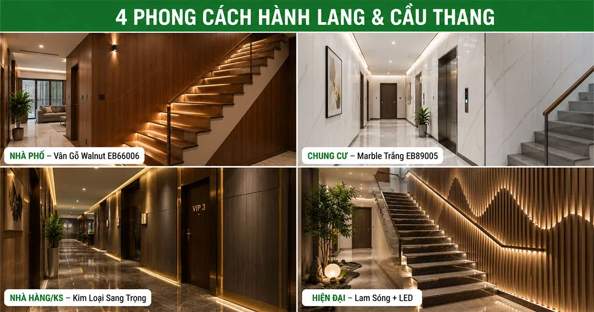 Bốn kiểu ốp tấm cho hành lang và cầu thang