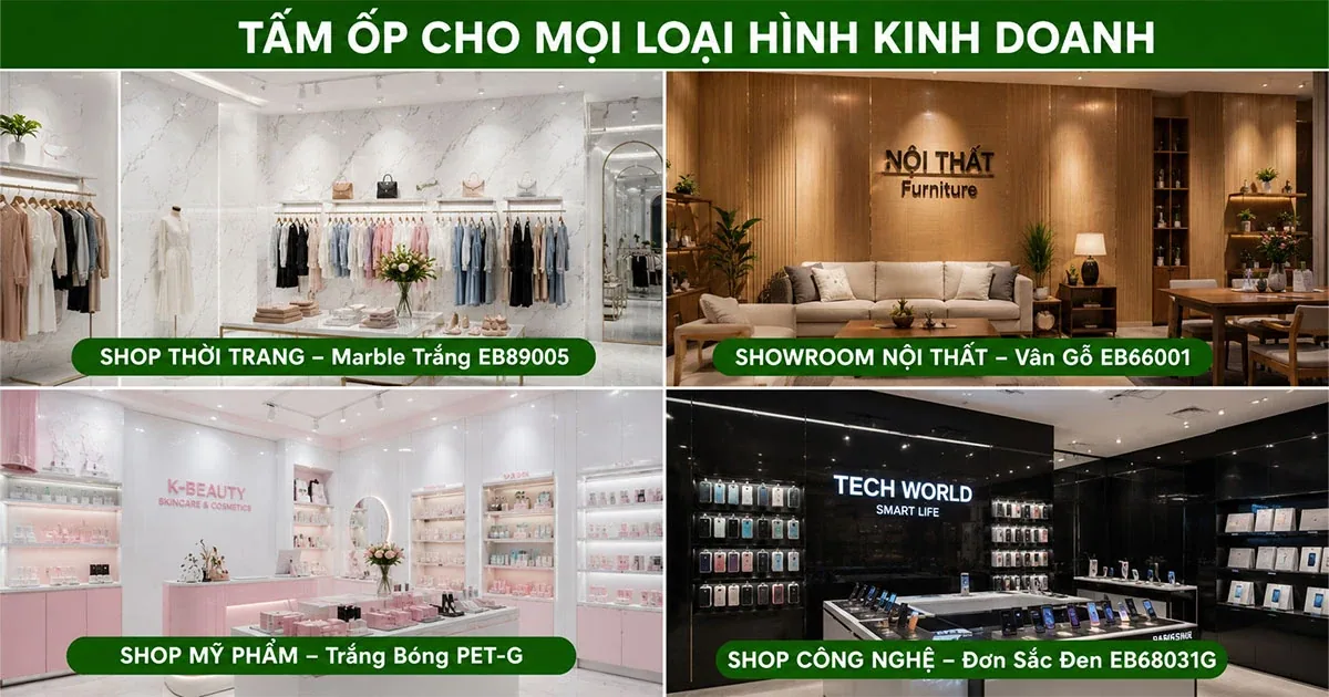 Bốn loại hình kinh doanh dùng tấm ốp Eco Bamboo: shop thời trang, showroom nội thất, shop mỹ phẩm và cửa hàng công nghệ