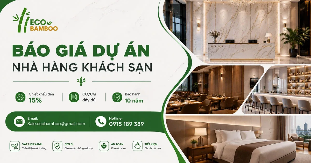 Nhà hàng và khách sạn hoàn thiện bằng tấm ốp Eco Bamboo, kèm thông tin liên hệ báo giá dự án