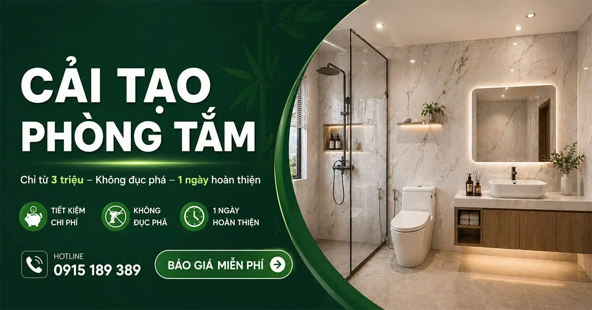 Phòng tắm hoàn thiện bằng tấm ốp chịu ẩm Eco Bamboo