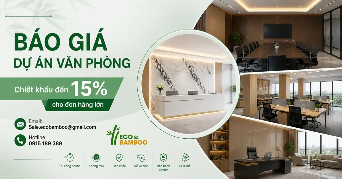Không gian văn phòng ốp tấm Eco Bamboo, kèm thông tin liên hệ báo giá dự án
