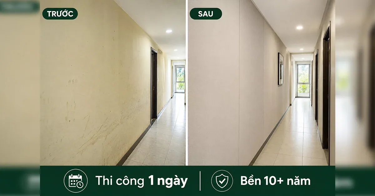 Hành lang trong nhà trước và sau khi ốp tấm WPC