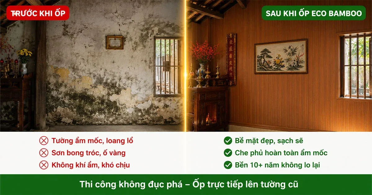 Tường nhà nông thôn bị ẩm mốc trước và sau khi ốp tấm WPC