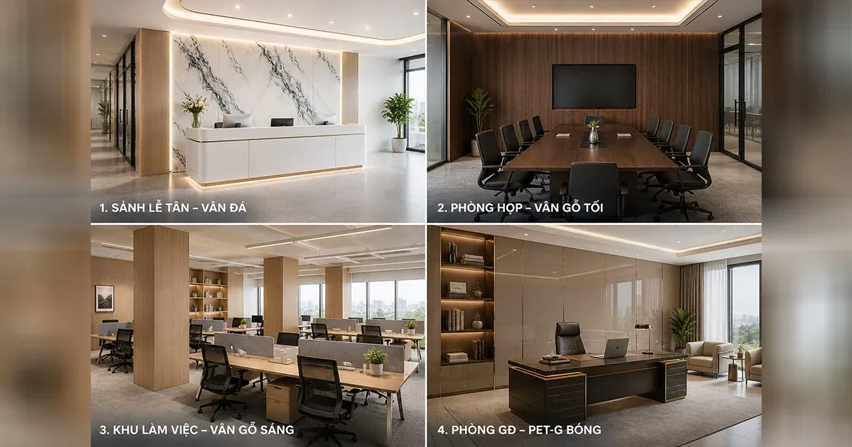 Bốn khu vực ốp tường văn phòng: sảnh lễ tân vân đá, phòng họp vân gỗ tối, khu làm việc vân gỗ sáng và phòng giám đốc PET-G bóng