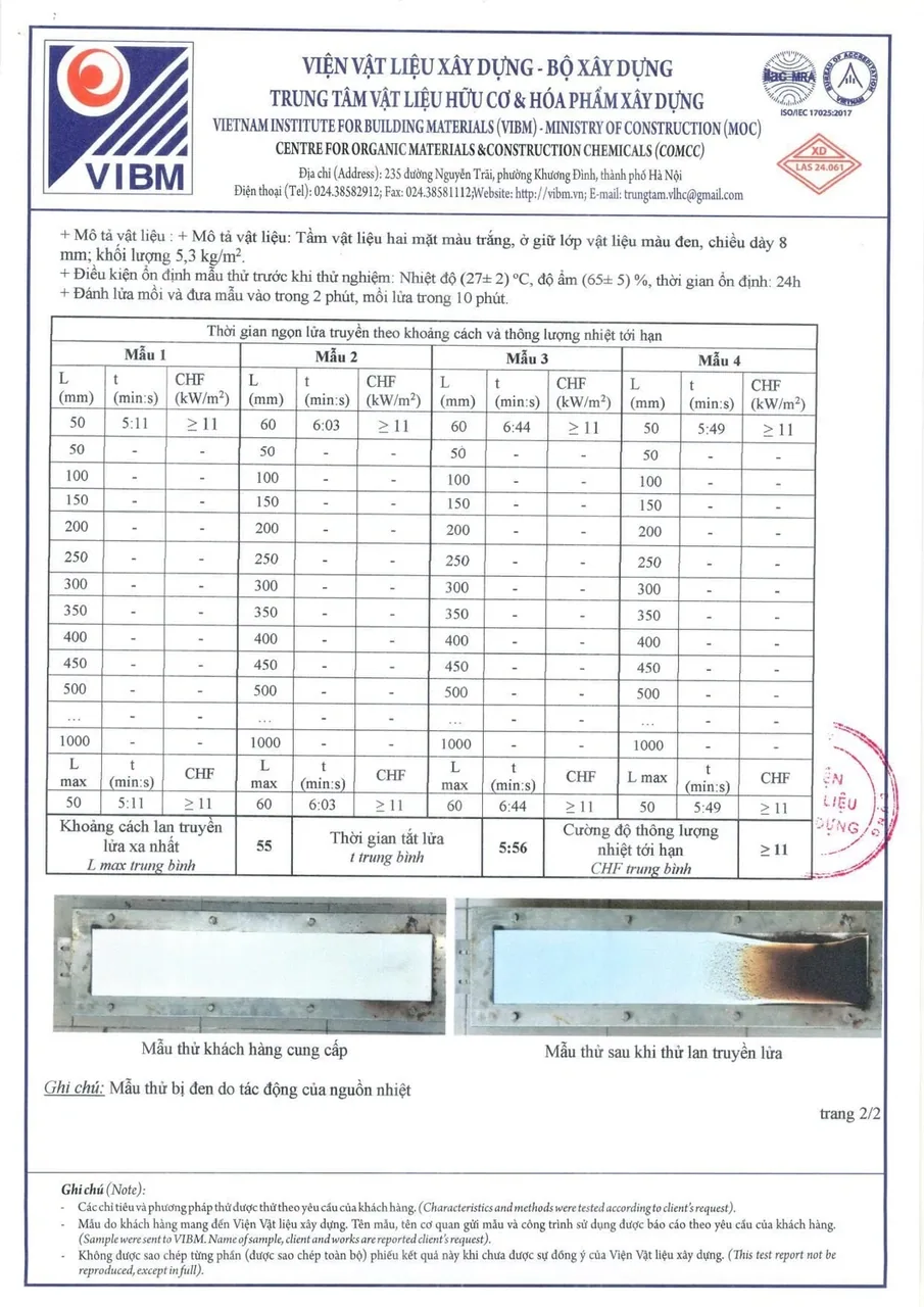 Phiếu kết quả thử nghiệm lan truyền lửa, trang 2