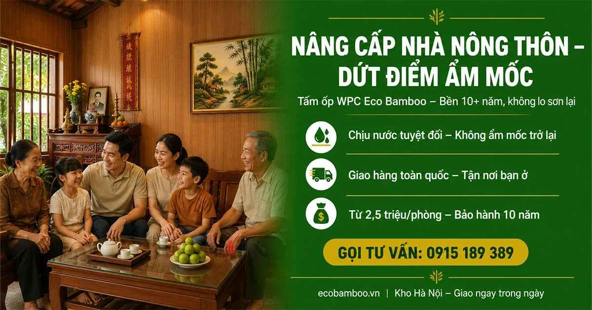 Gia đình quây quần trong phòng khách nhà nông thôn ốp tấm WPC Eco Bamboo