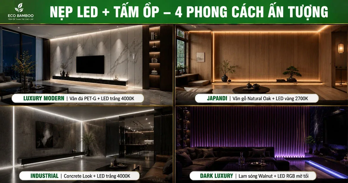 Bốn phong cách nội thất kết hợp nẹp LED với tấm ốp tường