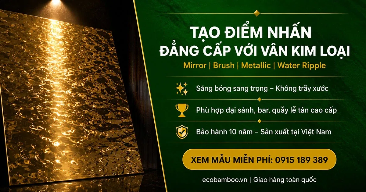 Mảng tường vân kim loại Eco Bamboo dưới ánh đèn, nhóm hiệu ứng mirror, brush, metallic và water ripple