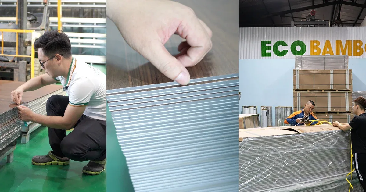 Kiểm tra thành phẩm tấm ốp than tre tại nhà máy Eco Bamboo