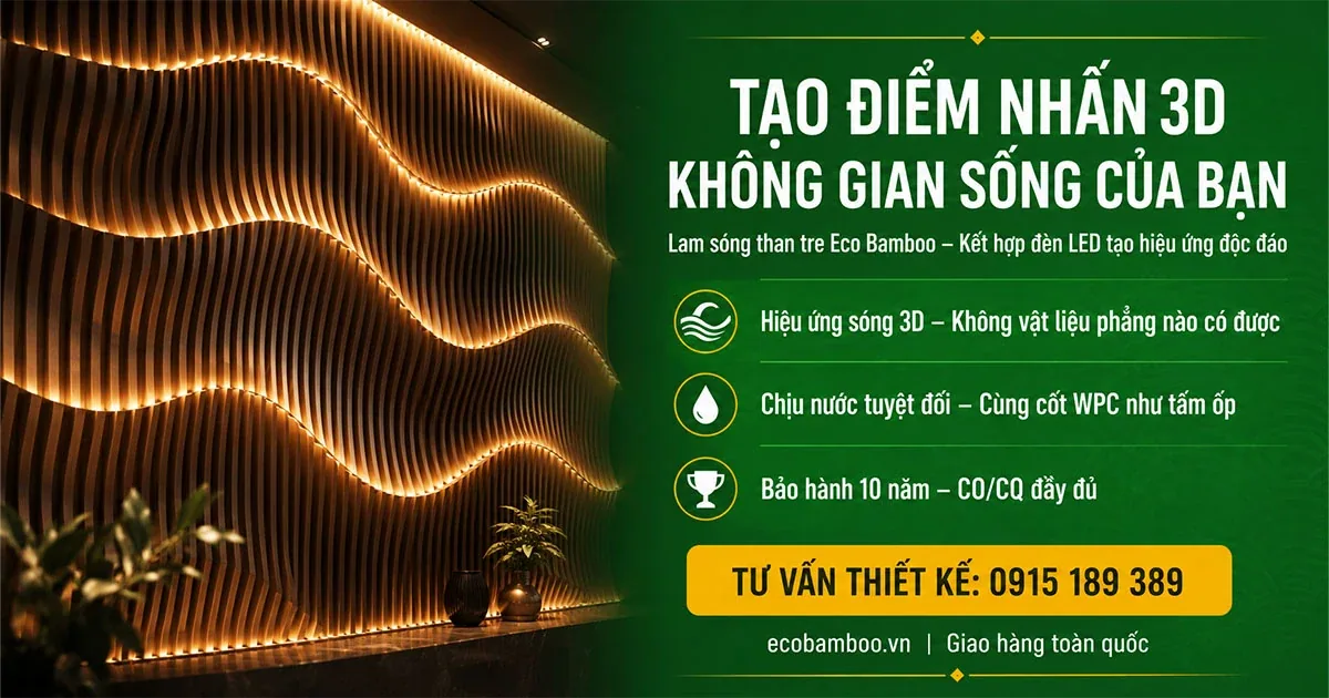 Hiệu ứng 3D của lam sóng than tre Eco Bamboo trên tường và trần
