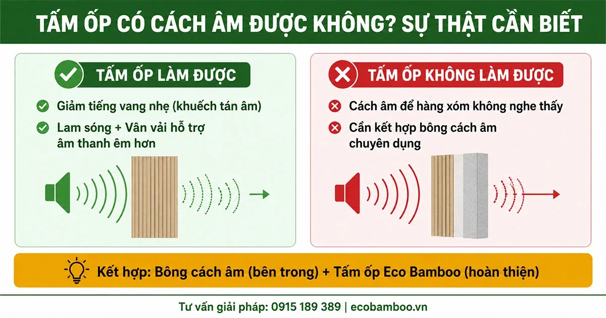 So sánh khả năng cách âm: tấm ốp giảm tiếng vang trong phòng, cần kết hợp bông cách âm để ngăn âm truyền sang phòng bên