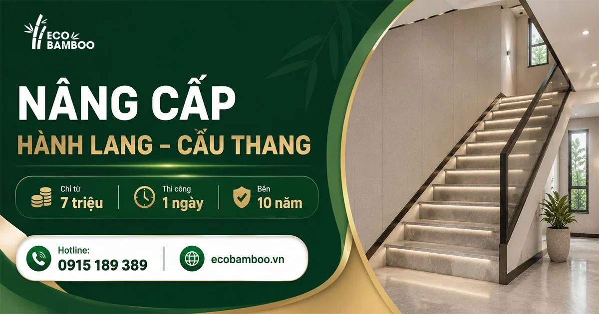 Hành lang cầu thang nâng cấp bằng tấm ốp tường Eco Bamboo