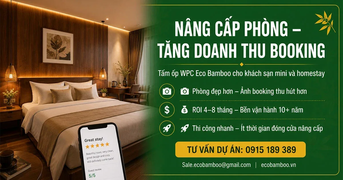 Phòng khách sạn mini nâng cấp bằng tấm ốp Eco Bamboo