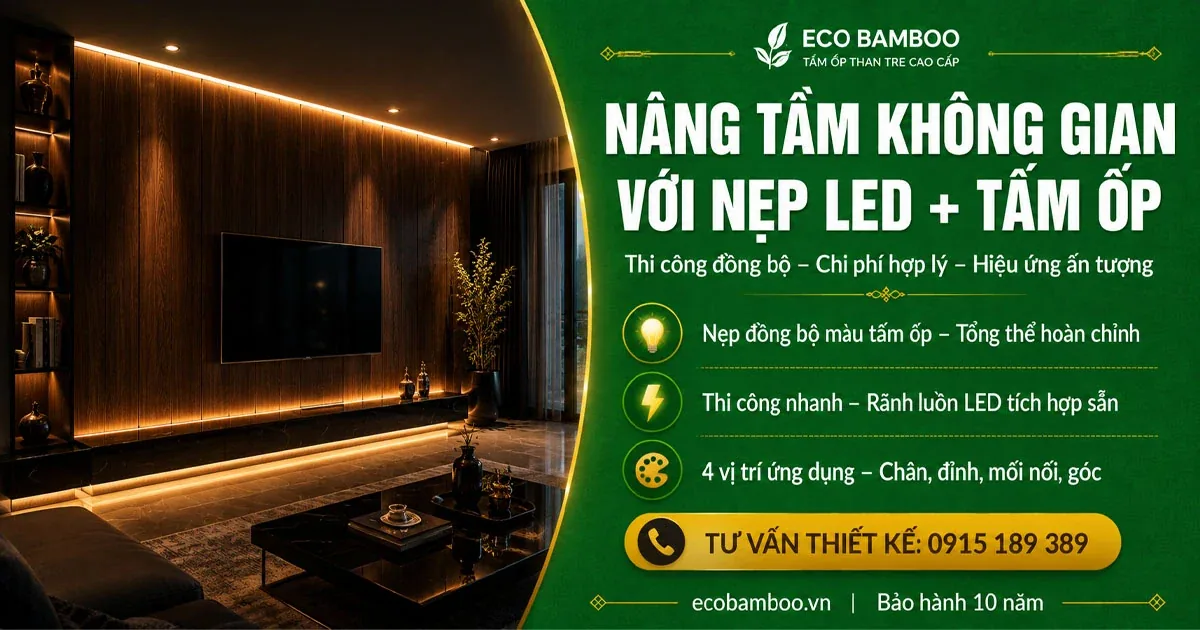 Tường ốp tấm kết hợp nẹp LED hắt sáng của Eco Bamboo