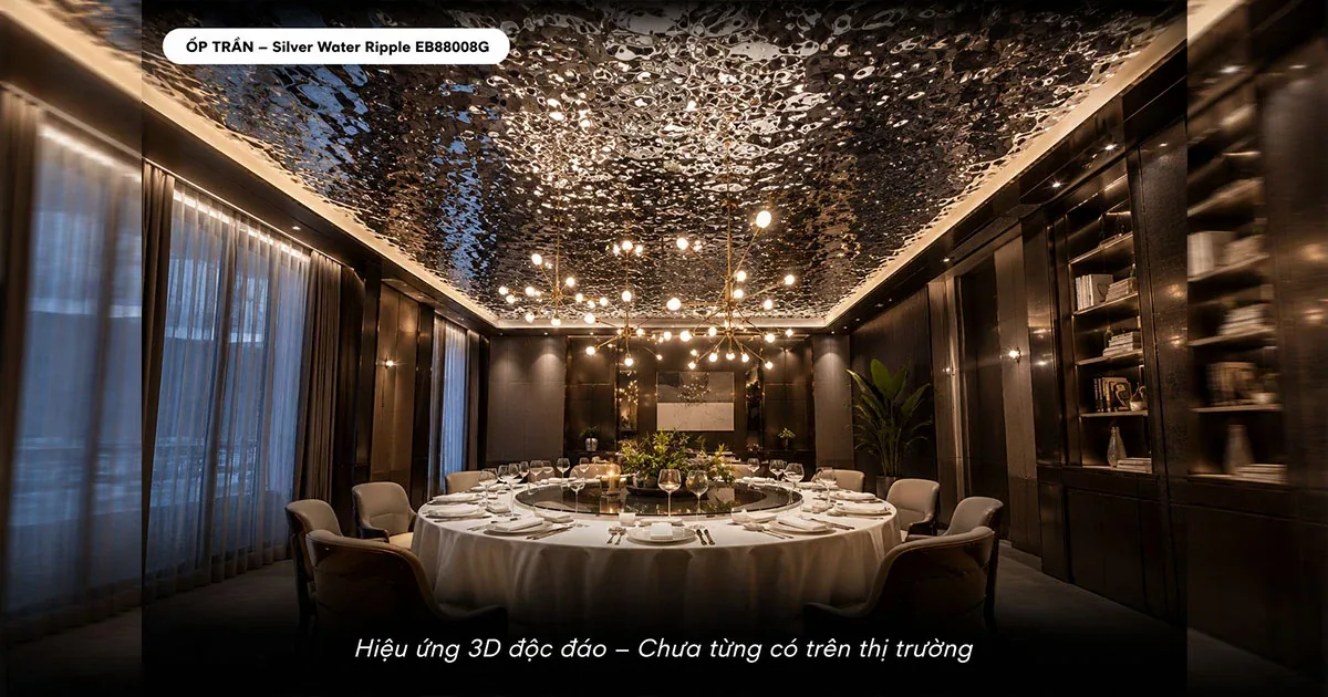 Trần phòng tiệc ốp tấm Silver Water Ripple EB88008G tạo hiệu ứng gợn sóng ba chiều