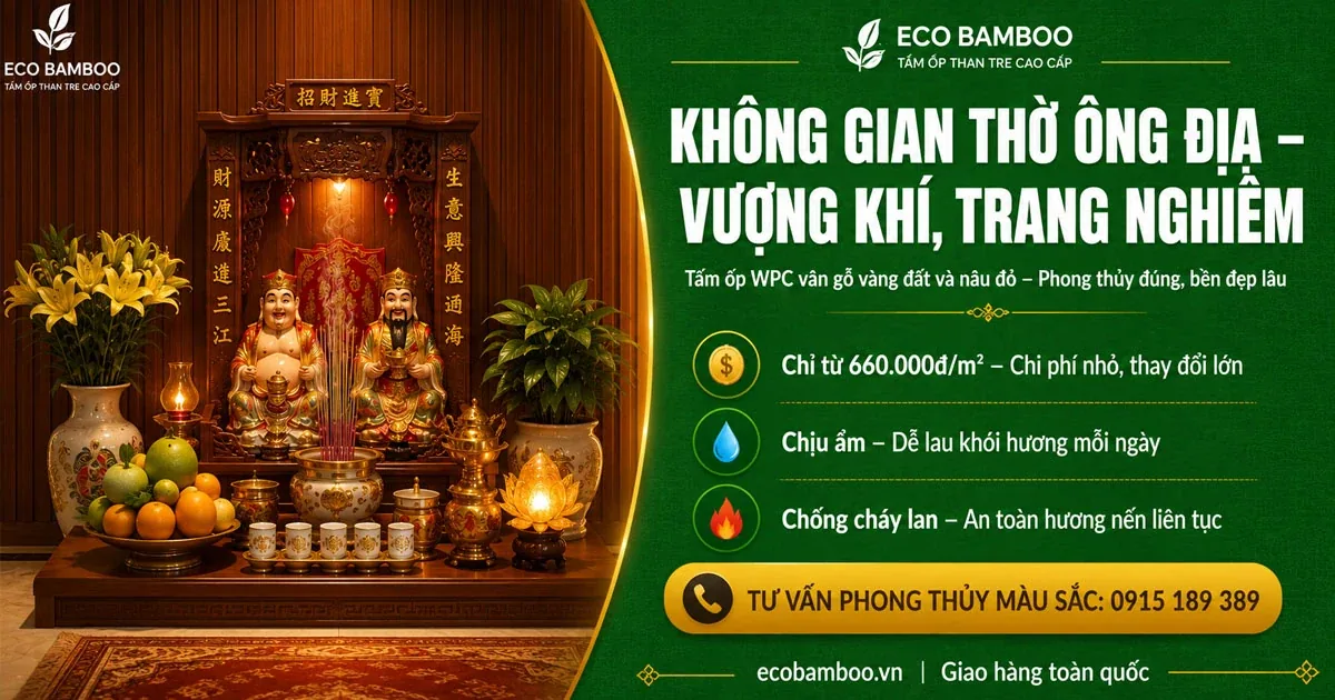 Không gian bàn thờ Ông Địa hoàn thiện bằng tấm ốp Eco Bamboo