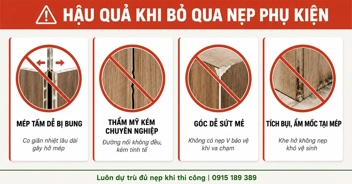 Bốn hậu quả khi bỏ qua nẹp phụ kiện: mép tấm bị bung, đường nối kém đều, góc dễ sứt mẻ và khe hở tích bụi