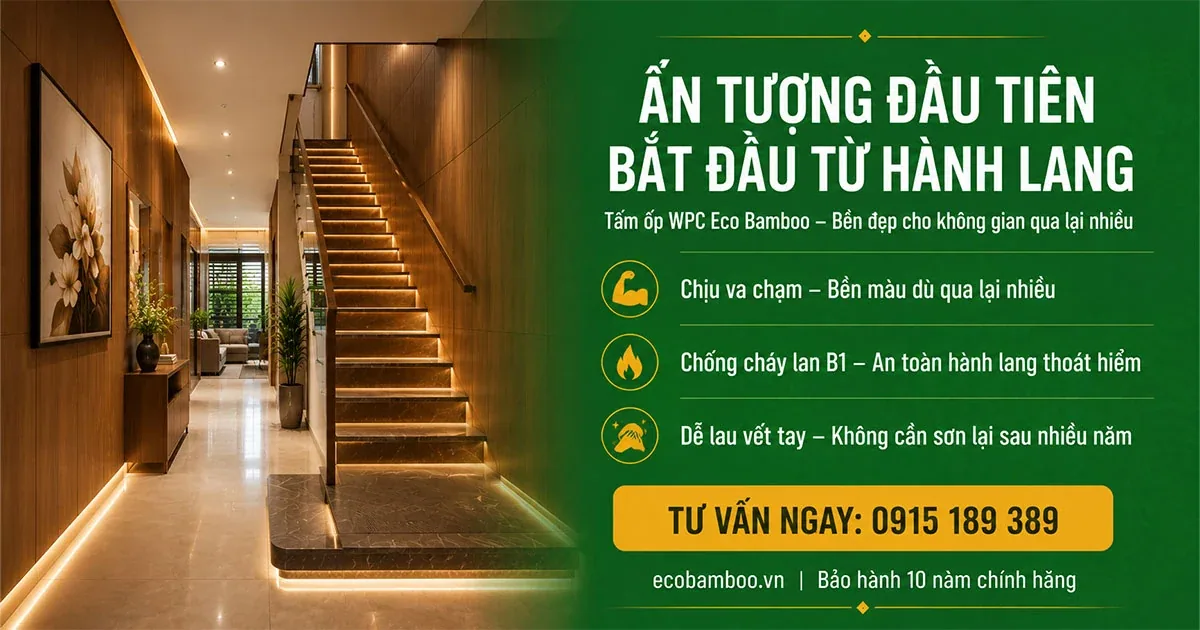 Hành lang và cầu thang hoàn thiện bằng tấm ốp Eco Bamboo