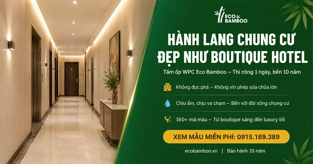Hành lang chung cư hoàn thiện bằng tấm ốp Eco Bamboo