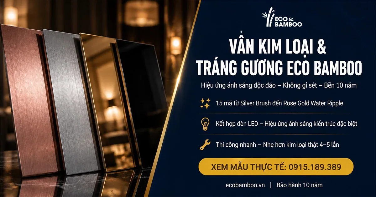 Không gian cao cấp ốp tấm vân kim loại và tráng gương