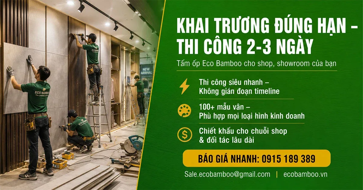 Đội thi công Eco Bamboo lắp tấm ốp tường cho shop bán lẻ