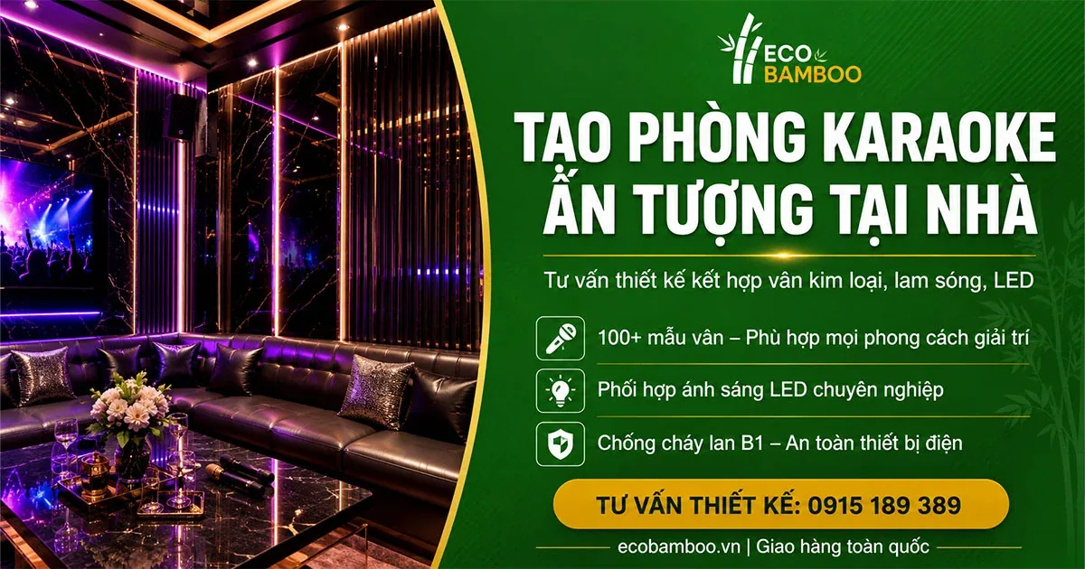 Phòng karaoke gia đình ốp tấm Eco Bamboo kết hợp vân kim loại, lam sóng và đèn LED