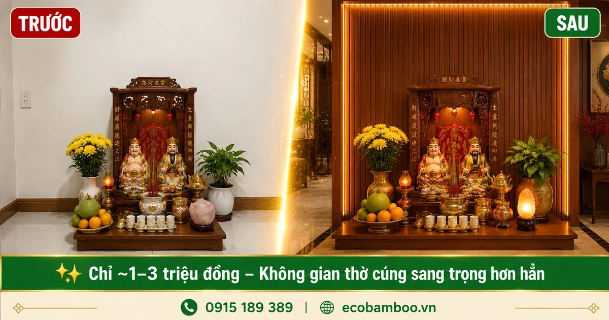 Tường bàn thờ Ông Địa trước và sau khi ốp tấm Eco Bamboo