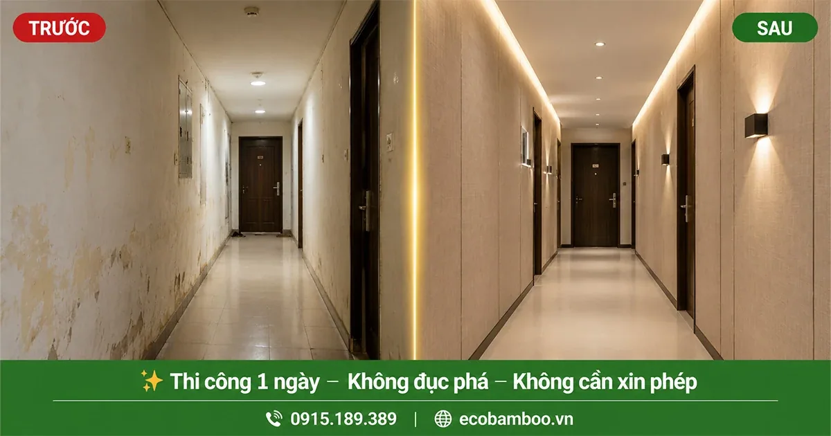 Hành lang chung cư trước và sau khi ốp tấm tường