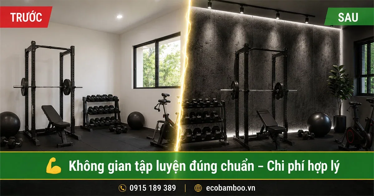 Phòng tập trước và sau khi ốp tường bằng tấm vân bê tông