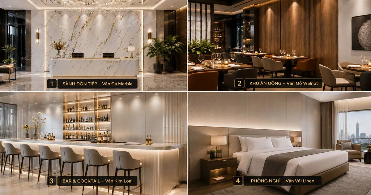 Bốn khu vực nhà hàng khách sạn ốp tấm Eco Bamboo: sảnh đón tiếp vân đá marble, khu ăn uống vân gỗ walnut, bar cocktail vân kim loại và phòng nghỉ vân vải linen