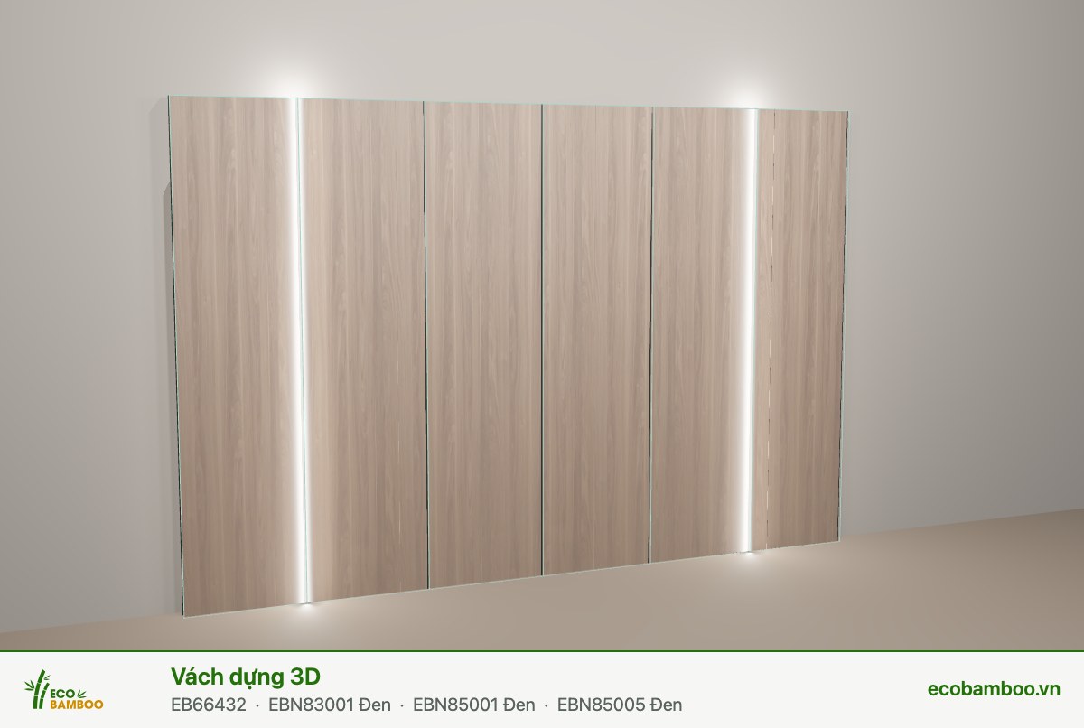 Vách tivi khe dọc có LED, dựng 3D bằng công cụ Tự thiết kế vách của Eco Bamboo